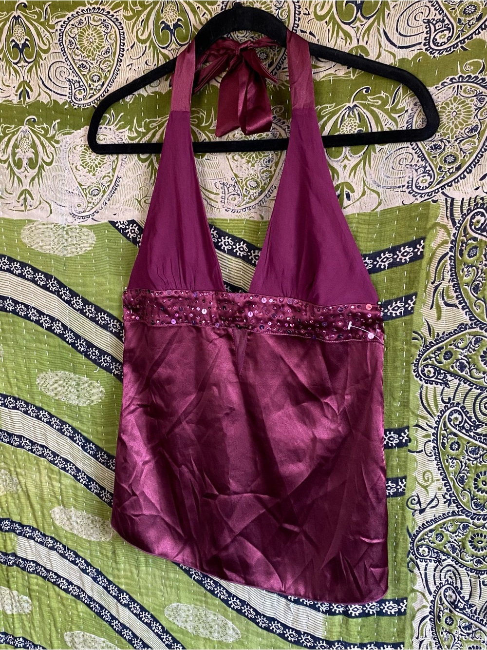 Vintage Y2K Twenty One Plum Silk/ Satin Sequined Fairycore Halter Top Small - Picture 6 of 13